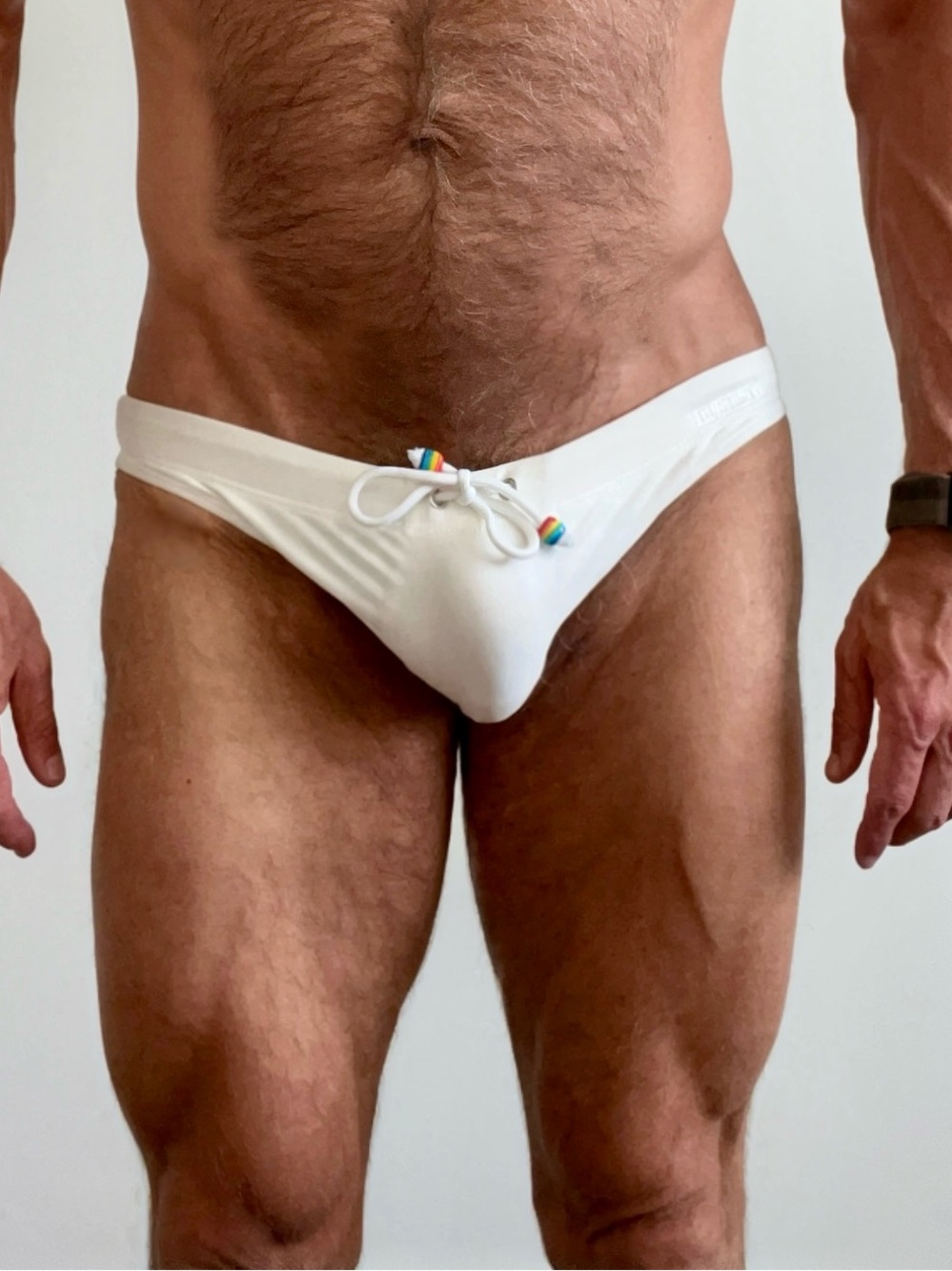 Men's White Swim Brief with Rainbow Accents